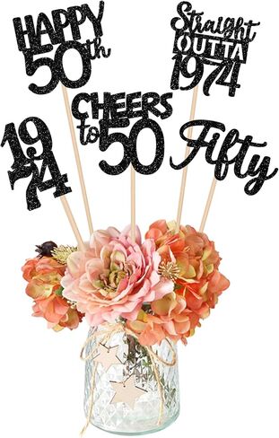 15 PCS 50th Birthday Centerpiece Sticks Fifty Happy 50th Straight Outta 1974 Table Flower Centerpieces Sticks Cheers to 50 Floral Decorations for 50th Birthday Party Centerpieces Supplies Black in Saudi Arabia