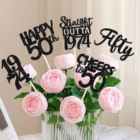 15 PCS 50th Birthday Centerpiece Sticks Fifty Happy 50th Straight Outta 1974 Table Flower Centerpieces Sticks Cheers to 50 Floral Decorations for 50th Birthday Party Centerpieces Supplies Black in Saudi Arabia