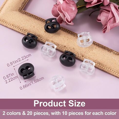 HINZIC 20Pcs White Black Plastic Cord Locks End Double Hole Lanyard String Fastener Slider Toggles Stoppers Spring Round Knitting Needle Stoppers for Drawstrings Paracord Shoelace in Saudi Arabia