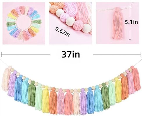 Rainbow Tassel Garland for Kids Room Classroom Bedroom Nursery Home Decoration Colorful Wall Hanging Garland Party Baby Shower Boho Tassel Garland with Wood Decor Decorative Banner Pastel Beads in Saudi Arabia