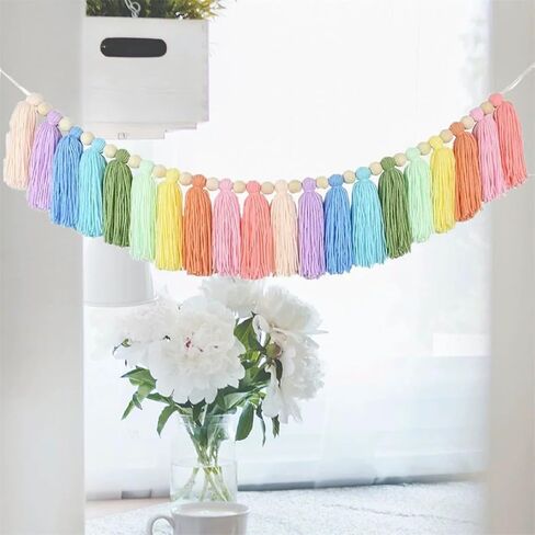 Rainbow Tassel Garland for Kids Room Classroom Bedroom Nursery Home Decoration Colorful Wall Hanging Garland Party Baby Shower Boho Tassel Garland with Wood Decor Decorative Banner Pastel Beads in Saudi Arabia