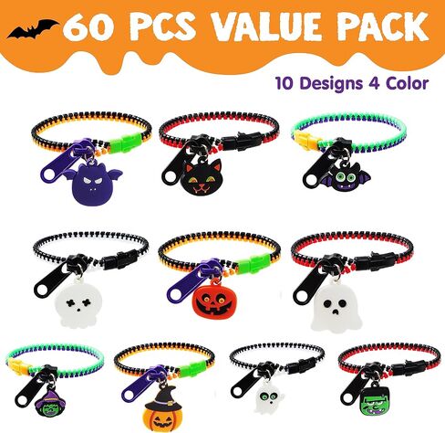 JOYIN 60 PCS Halloween Zipper Bracelets Bulk Set, Friendship Zipper Wristbands for Kids Gift, Halloween Trinkets, Halloween Goodie Bag Fillers, Classroom Prizes in Saudi Arabia