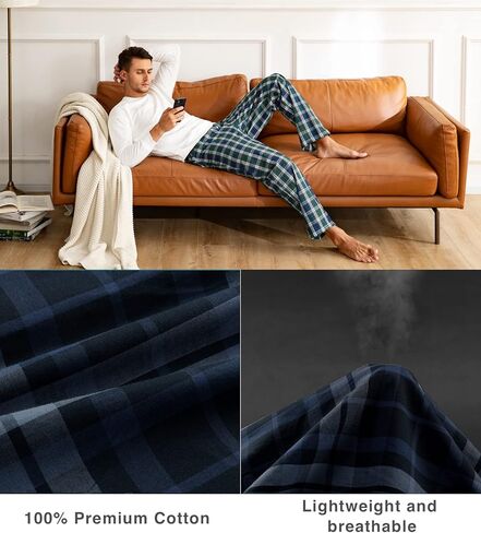 LAPASA Men's 100% Cotton Woven Plaid Pajama Pants Lounge Sleepwear Pj Lightweight Bottoms Soft Drawstring and Pockets M38 in Kuwait
