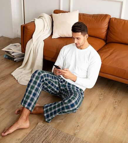 LAPASA Men's 100% Cotton Woven Plaid Pajama Pants Lounge Sleepwear Pj Lightweight Bottoms Soft Drawstring and Pockets M38 in Kuwait