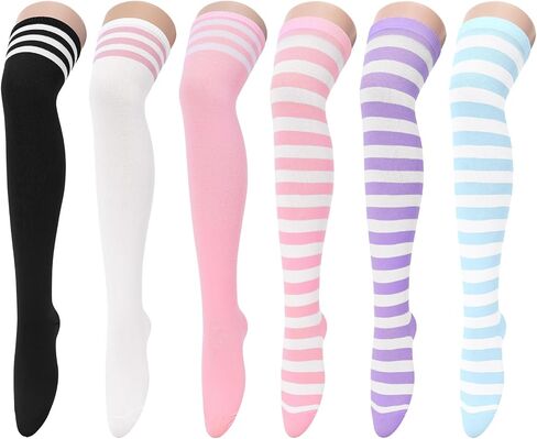 Durio 6 Pairs Thigh High Socks for Women Multicoloured striped Over the Knee Socks Long Stocking Knee High Socks Thigh Highs in Saudi Arabia