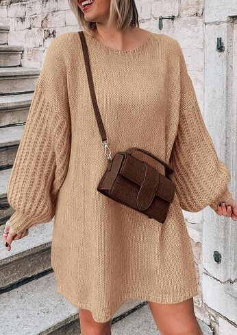 PRETTYGARDEN المرأة 2024 بلوفر شتوي البلوزات طويلة فانوس الأكمام Crewneck مكتنزة متماسكة مترهل سترة اللباس in Saudi Arabia