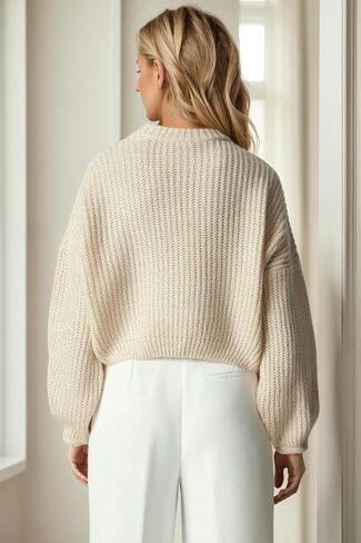 Women's Fall Cropped Sweaters 2024 Trendy Puff Long Sleeve Ribbed Knit Crewneck Soft Pullover Sweater Jumper Tops in Kuwait
