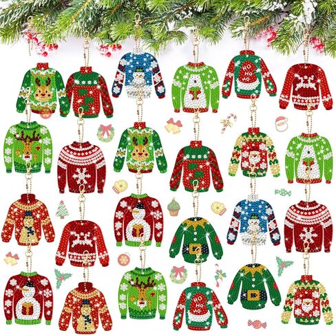 Outus 24 Pcs Xmas Ugly Sweater Diamond Painting Keychain 5D Sweater DIY Diamond Painting Keychains Decorative Double Sided Diamond Key Chain Kit Pendant Crafts Making for Christmas Party Decor in Saudi Arabia
