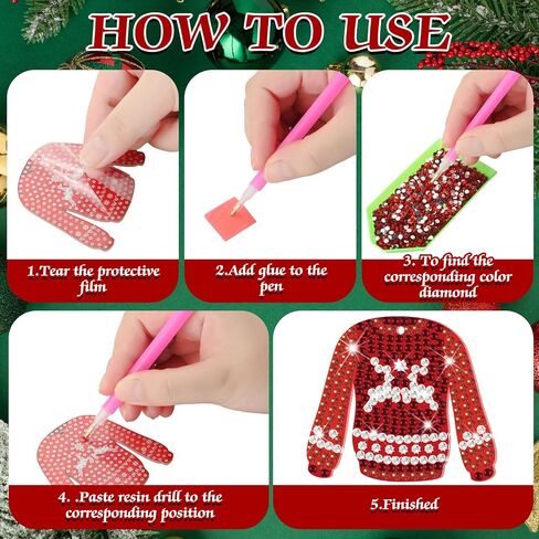 Outus 24 Pcs Xmas Ugly Sweater Diamond Painting Keychain 5D Sweater DIY Diamond Painting Keychains Decorative Double Sided Diamond Key Chain Kit Pendant Crafts Making for Christmas Party Decor in Saudi Arabia