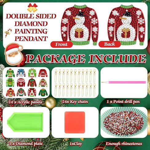 Outus 24 Pcs Xmas Ugly Sweater Diamond Painting Keychain 5D Sweater DIY Diamond Painting Keychains Decorative Double Sided Diamond Key Chain Kit Pendant Crafts Making for Christmas Party Decor in Saudi Arabia