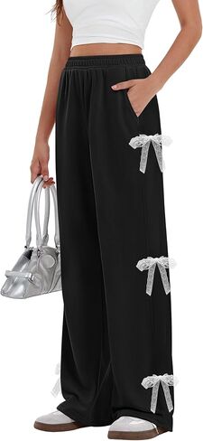 Yousify Wide Leg Sweatpants for Women Y2K Side Tie Bow Elastic High Waisted Baggy Long Pants with Pockets in Saudi Arabia