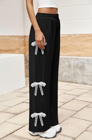 Yousify Wide Leg Sweatpants for Women Y2K Side Tie Bow Elastic High Waisted Baggy Long Pants with Pockets in Saudi Arabia