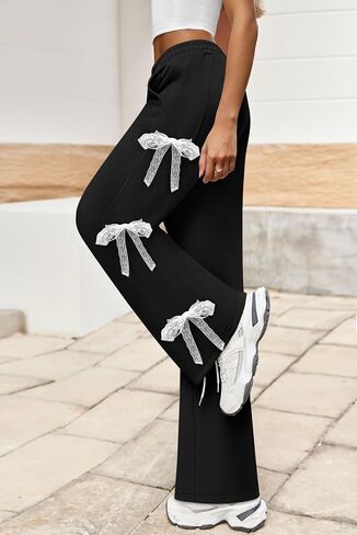 Yousify Wide Leg Sweatpants for Women Y2K Side Tie Bow Elastic High Waisted Baggy Long Pants with Pockets in Saudi Arabia