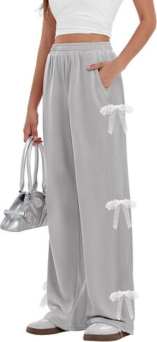 Yousify Wide Leg Sweatpants for Women Y2K Side Tie Bow Elastic High Waisted Baggy Long Pants with Pockets in Saudi Arabia