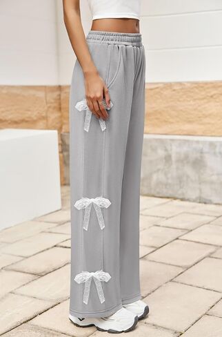 Yousify Wide Leg Sweatpants for Women Y2K Side Tie Bow Elastic High Waisted Baggy Long Pants with Pockets in Saudi Arabia