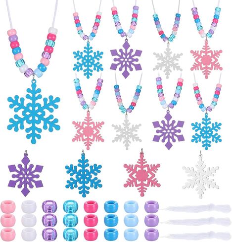 48 Set Winter Snowflake Craft Kits Snowflake Necklace Craft Wooden Snowflake Plastic Beads DIY Hanging Jewelry Necklace Gift for Winter Home Activities Party Favor in Saudi Arabia