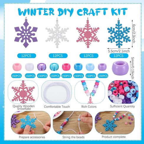 48 Set Winter Snowflake Craft Kits Snowflake Necklace Craft Wooden Snowflake Plastic Beads DIY Hanging Jewelry Necklace Gift for Winter Home Activities Party Favor in Saudi Arabia