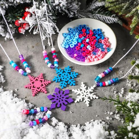 48 Set Winter Snowflake Craft Kits Snowflake Necklace Craft Wooden Snowflake Plastic Beads DIY Hanging Jewelry Necklace Gift for Winter Home Activities Party Favor in Saudi Arabia