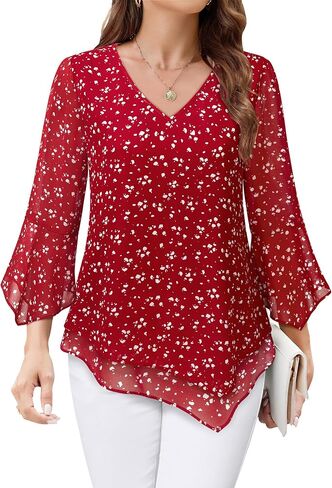 Furnex Blouses for Women Dressy Casual 3/4 Ruffle Sleeve V Neck Chiffon Double Layers Business Casual Tops for Women in Saudi Arabia