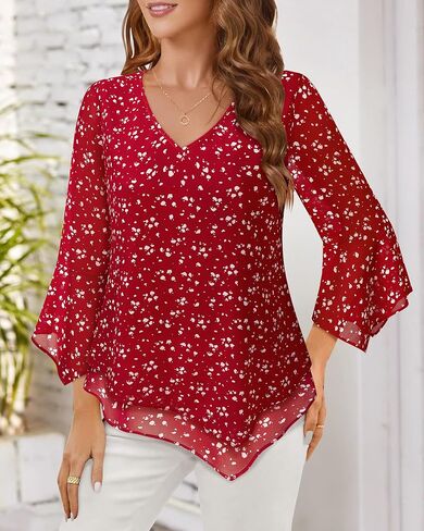 Furnex Blouses for Women Dressy Casual 3/4 Ruffle Sleeve V Neck Chiffon Double Layers Business Casual Tops for Women in Saudi Arabia