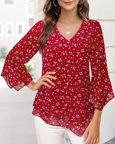 Furnex Blouses for Women Dressy Casual 3/4 Ruffle Sleeve V Neck Chiffon Double Layers Business Casual Tops for Women in Saudi Arabia