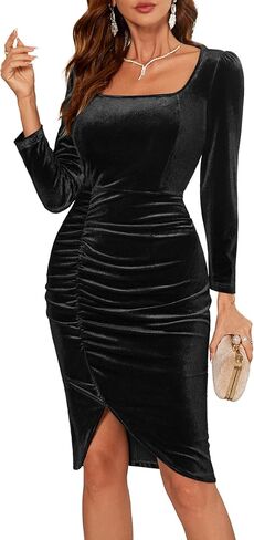 BeryLove Womens Velvet Dresses Cocktail Formal Midi Christmas Party Dresses Long Sleeve Winter Wedding Guest Dress in Saudi Arabia