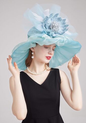 Organza Church Derby Hats for Women Wedding Tea Party Fascinator Floral Wide Brim Sun Hat in Saudi Arabia