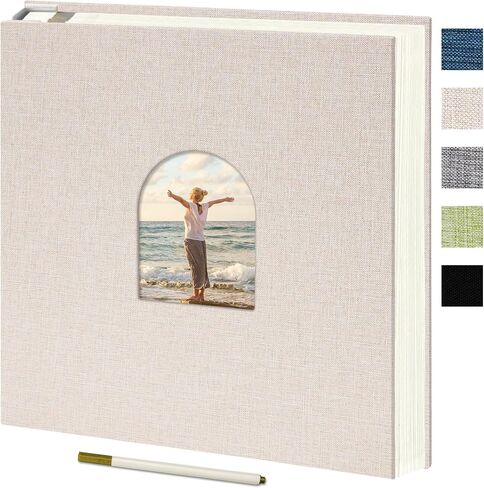 Vienrose 9.84x9.06 Inch Self-Adhesive Photo Album Linen Cover Arch Window Scrapbook Album 40 Pages Blank Inner Page Memory Book with A Metallic Pen, Beige in Kuwait