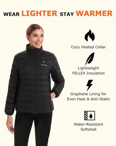 Venustas Women's Lightweight Heated Jacket with Battery, 6-Zone Electric Puffer Winter Coat for Outdoor Camping Hiking in Kuwait