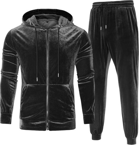 LecGee Mens Tracksuit Long Sleeve Full Zip Velour Hoodie Jacket Jogger Sweatpants Casual Velvet Sweatsuits Set M-3XL in Kuwait