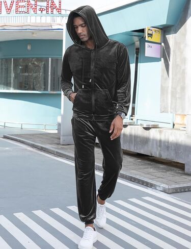 LecGee Mens Tracksuit Long Sleeve Full Zip Velour Hoodie Jacket Jogger Sweatpants Casual Velvet Sweatsuits Set M-3XL in Kuwait