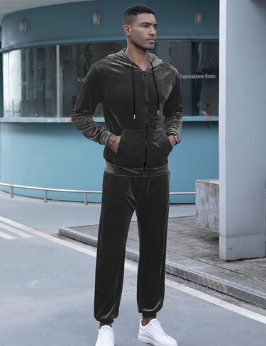 LecGee Mens Tracksuit Long Sleeve Full Zip Velour Hoodie Jacket Jogger Sweatpants Casual Velvet Sweatsuits Set M-3XL in Kuwait