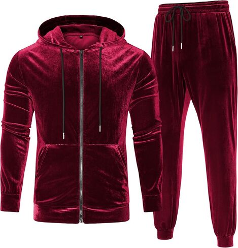 LecGee Mens Tracksuit Long Sleeve Full Zip Velour Hoodie Jacket Jogger Sweatpants Casual Velvet Sweatsuits Set M-3XL in Kuwait