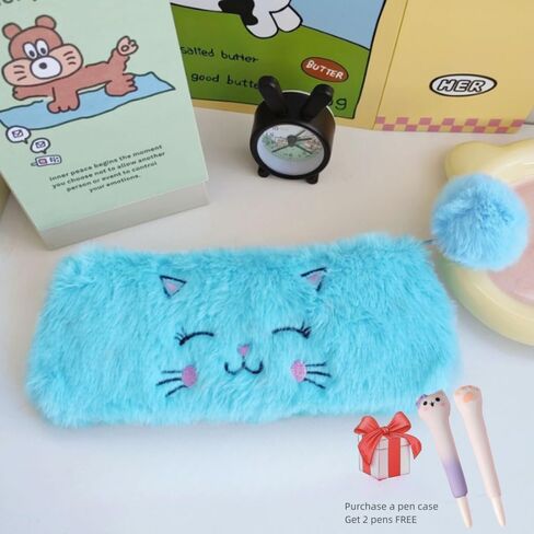Selena Cat Plush Pen Pouch Box with 2Pcs kawaii Pens Cute Pen Organizer Case Aesthetic Adorable Estuche Para Lapices (Pink) in Saudi Arabia