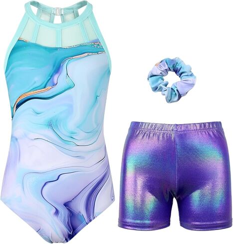 Gymnastics Leotards for Girls With Shorts Sparkly Ballet Dance Mesh Tank Activewear in Saudi Arabia