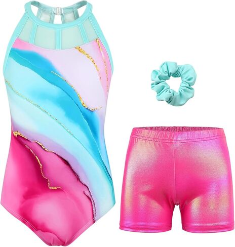 Gymnastics Leotards for Girls With Shorts Sparkly Ballet Dance Mesh Tank Activewear in Saudi Arabia