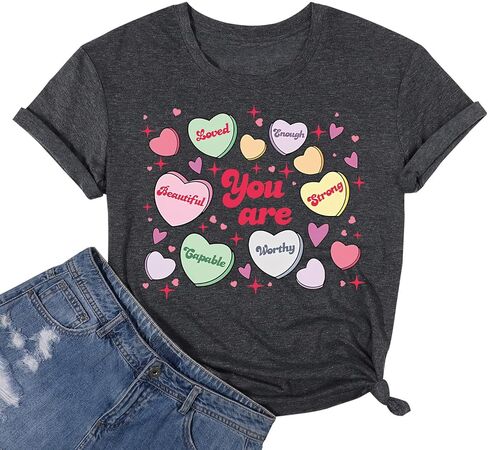 قمصان عيد الحب النسائية ريترو كاندي القلب المعلم عيد الحب أنت يكفي تي شيرت عادية عاشق هدية بلوزة بلايز in Kuwait