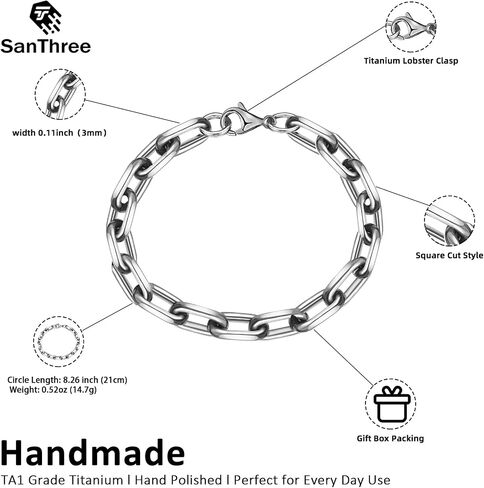 SanThree 8mm TA1 Pure Titanium Oval Square Chain Bracelet, Ultra Thick Skin Friendly Seamless Welded Link Chain Bracelets for Men Birthday Anniversaries Father Gifts,8.26"/8.66"/9.05",Come with Gift Box in Saudi Arabia