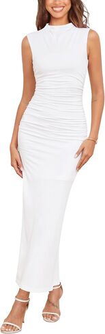 Zattcas Womens 2024 Summer Sexy Ruched Bodycon Dress Mock Neck Sleeveless Back Slit Cocktail Party Long Maxi Dress in Saudi Arabia