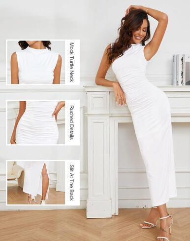 Zattcas Womens 2024 Summer Sexy Ruched Bodycon Dress Mock Neck Sleeveless Back Slit Cocktail Party Long Maxi Dress in Saudi Arabia