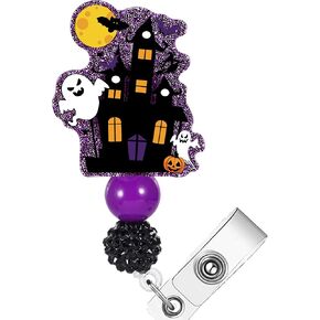 AFRITEE Autumn Badge Reel Retractable - Cute Orange Pumpkin Car Nurse ID Badge Reel with Alligator Clip, Funny Acrylic Retractable Badge Holder for Halloween Hospital Student Medical Assistant Gifts