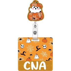 AFRITEE Autumn Badge Reel Retractable - Cute Orange Pumpkin Car Nurse ID Badge Reel with Alligator Clip, Funny Acrylic Retractable Badge Holder for Halloween Hospital Student Medical Assistant Gifts