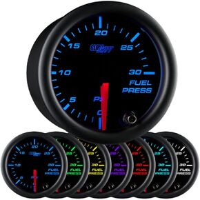 GlowShift Black 7 Color 30 PSI Fuel Pressure Gauge Kit - Includes Electronic Sensor - Black Dial - Clear Lens - for Diesel Trucks - 2-1/16" 52mm