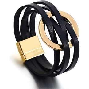 Fuqimanman2020 Circle Charm Leather Wrap Bracelet Handmade Leather Wrap Bracelets Boho Layered Cuff Bracelets for Women Teen Girls