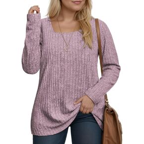 ROSRISS Womens-Plus-Size-Tops Casual Square Neck Sweaters Trendy Long Sleeve Shirts Lightweight Knit Pullover Blouses XL-5XL