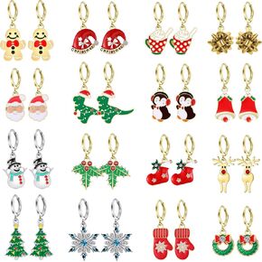 16 Pairs Hypoallergenic Christmas Hoop Earrings Set for Girls Christmas Tree Snowflake Bow Bell Snowman Penguin Earrings Small Dangle Hoop Christmas Earrings Bulk Teen Girls Women Xmas Holiday Jewelry