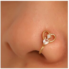 Punk Crystal Nose Ring Gold Love Heart Non Piercing Nose Ring Cz Hollow Heart Nose Ring Hoop Rhinestone Heart Nose Ring Jewelry for Women and Girls Gifts