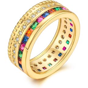 Eternity Rainbow Rings Champagne Gold Plated Gear Style 8mm Wide Band Ring for Women Men Fancy Cubic Zirconia Ring