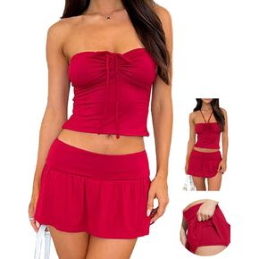 Sexy Two Piece Outfits for Womens Summer Y2K Going Out Tube Top Skirt Mini Dress Rave Festival Beach Club Skort Set