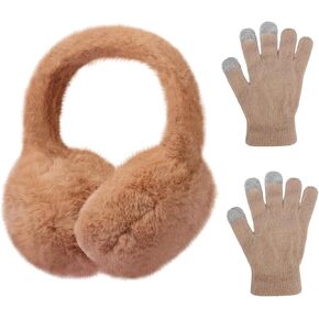 Kids Plush Earmuffs and Gloves Set Girls Boys Winter Faux Fur Ears Muffs Covers Outdoor Ear Warmers Age 7-12